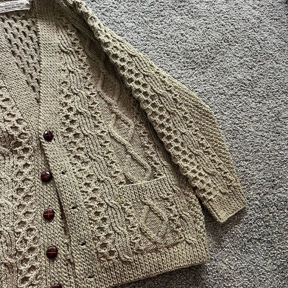 VTG Aran Islands Ireland Wool Cardigan Sweater Brown Fisherman Chunky Knit Sz L
